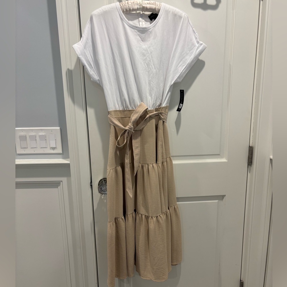 Donna Morgan dress with a slouchy white top and midi cream skirt. Size 8.